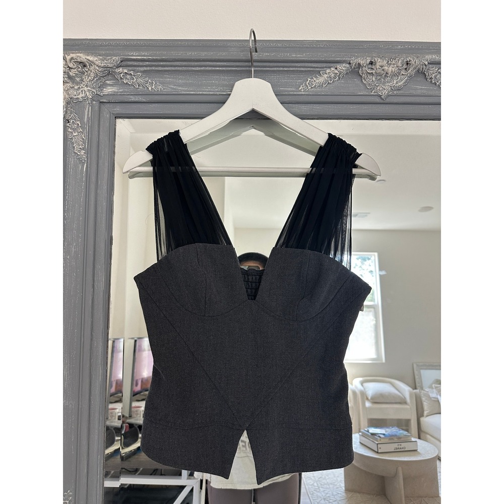 Y2K Black Halo Corset Top Silk Chiffon Gray Mesh Strap Office Siren Top S